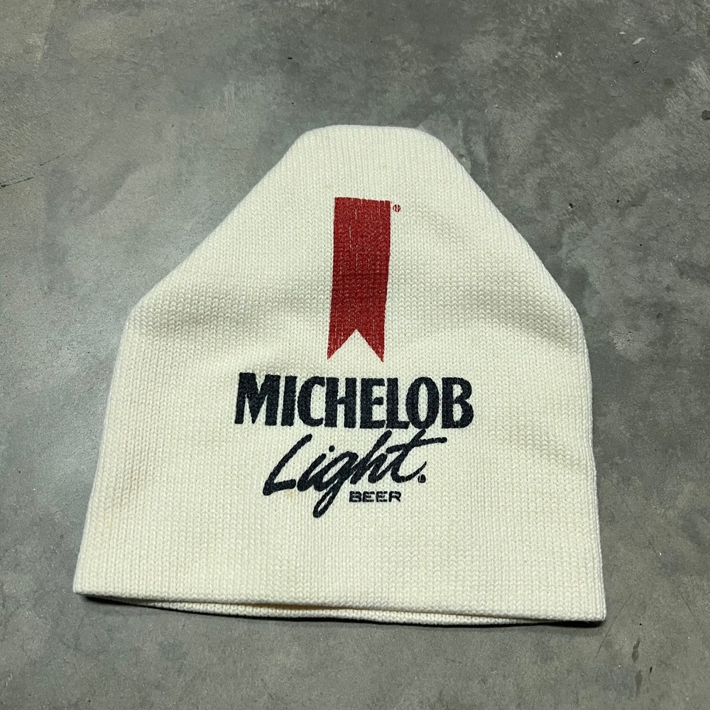 Vintage Michelob Light Beer Knit Beanie Hat Cream Off White Logo Cap Retro